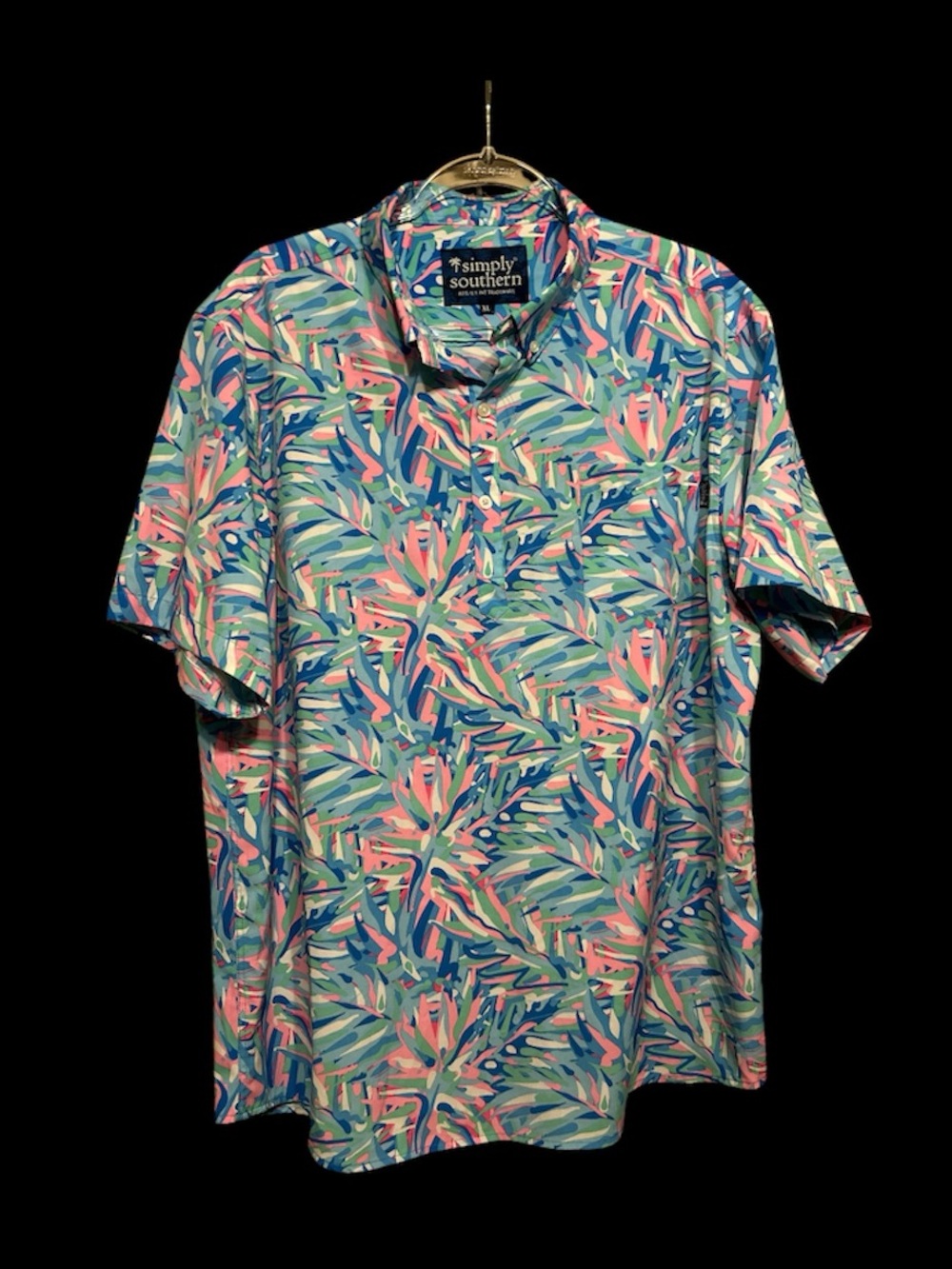 Simply Southern Men's Short Sleeve Polo
Blue & Pink Tropical Leaf Print XL